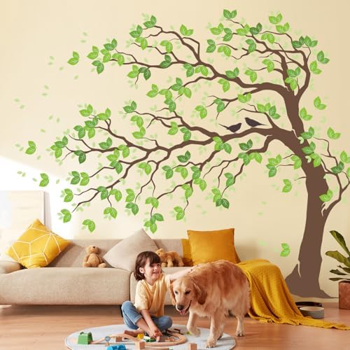 AM AMAONM 74.8x59 Inch Large Watercolor Tree Wall Decals - Peel & Stick Wall Stickers, DIY Removable Wall Art for Kids Living Room, Bedroom, Nursery Decor (Brown Trunk Green Leaves) - Image 6