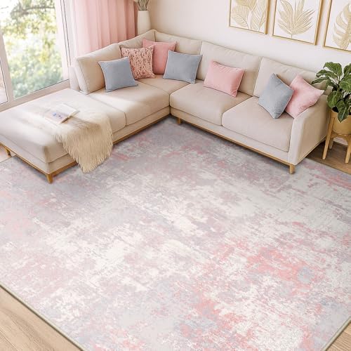 RELEANY Washable 9'x12' Abstract Area Rug for Living Room Gray Pink by RELEANY