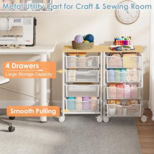 Hongtamoya Rolling Cart with Drawers, Storage Cart with Wheels Metal Rolling Drawer Cart with Lockable Wheels and Wood Tabletop Craft Storage Art Cart for Living Room Bedroom Classroom Office White - Image 6