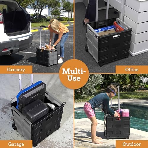 Inspired Living Ultra-Slim Rolling Collapsible Storage Pack-N-Roll Utility-carts, with Telescopic Handle, for Home, Garden, Shopping, Office, School use, Large, Grey & Black - Image 5