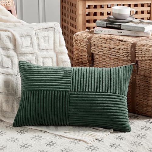 Fancy Homi Set of 2 Dark Green Lumbar Decorative Throw Pillow Covers 20x28 Inch for Living Room Couch Bed, Boho Farmhouse Forest Green Home Decor, Soft Corduroy Corss Patchwork Cushion Case - Image 2
