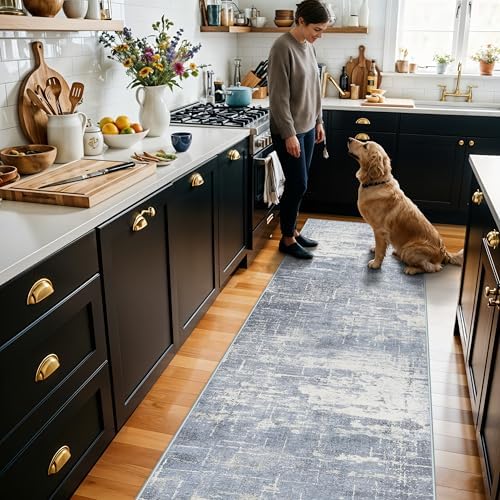 Hallway 2x10 Washable Runner Rug: Abstract Kitchen Stove Rugs Low-Pile Stain Resistant Entryway Area Rug Cozy Bedroom Soft Floor Mat Non-Slip Farmhouse Carpet for Bathroom Living Room(2x10,Blue/ivory) by HYHAOYUNLAI