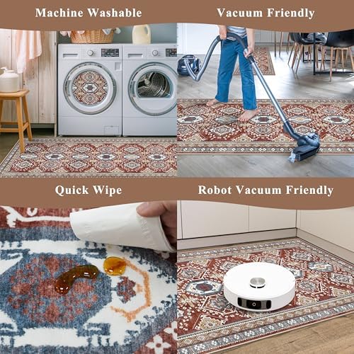 Washable Non-Slip Kitchen Rugs Set of 3 – Boho Soft Mats and Runner for Bathroom, Entryway, Hallway Room – Stain-Resistant Low-Pile Indoor Carpet (Red, 2x3+2x4+2x5) - Image 7