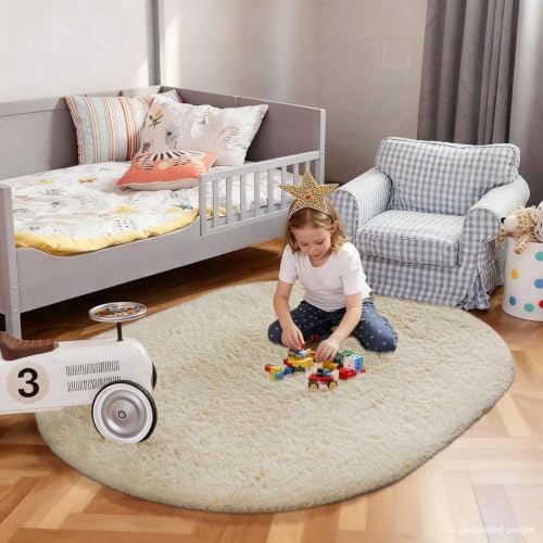 Ophanie 4x6 Oval Ivory Rugs for Bedroom Living Room Washable,Fluffy Fuzzy Furry Carpet,Plush Soft Shaggy Indoor Floor Area Rug for Kids Girls Boys Baby Teen Dorm Decor with Over 99 pcs Pile fibers - Image 5