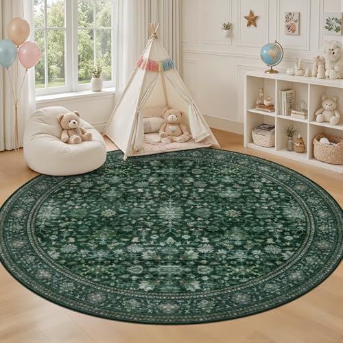 Round Area Rug for Living Room: 4ft Boho Washable Rug Deep Green - Image 5