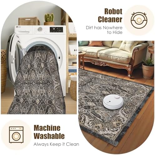 Washable Area Rug 6' x 9' Vintage Traditional Persian Mat - Foldable Distressed Non-Slip Machine Washable Carpet for Living Room Bedroom Kitchen Home Decor - Ebony and Taupe - Image 7