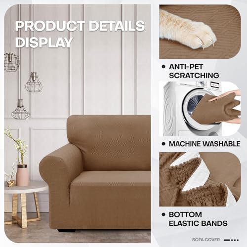 ZNSAYOTX 1 Piece Jacquard Couch Covers for 2 Cushion Couch High Stretch Loveseat Slipcover for Pets Dogs Anti Slip Love Seat Sofa Slipcover Furniture Protector (Medium,New Pattern Light Coffee) - Image 3