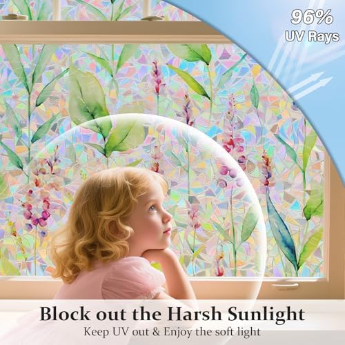 Donox Decorative Window Privacy Film, 3D Floral Stained Glass Window Film Static Cling Rainbow Privacy Sticker for Glass Door Heat Control Anti UV, No Adhesive (Gladiolus,17.5 x 157.4 inches) - Image 4
