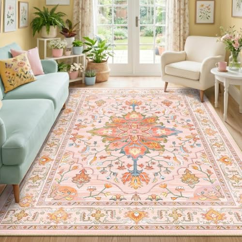 RELEANY Washable Area Rug, 5'x7', Pink/Light Pink/Colorful by RELEANY