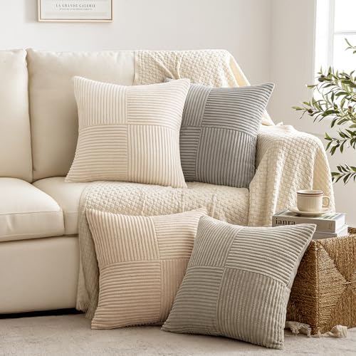 MIULEE Neutral Decorative Throw Pillow Covers 16x16 Inch Set of 4 for Livingroom Couch Sofa Modern Farmhouse Soft Corduroy Cushion Cases Striped Patchwork Home Decor (Cream,Grey) by MIULEE
