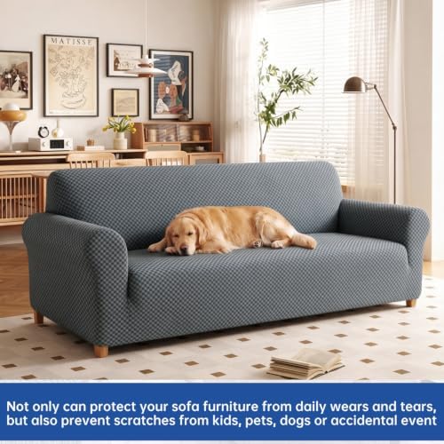 YEMYHOM Couch Cover Latest Jacquard Design High Stretch Sofa Covers for 3 Cushion Couch, Pet Dog Cat Proof Slipcover Non Slip Magic Elastic Furniture Protector (Large, Dark Gray Checkered) - Image 2