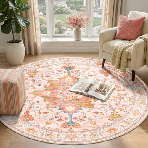 RELEANY Washable Area Rug, Round 4ft, Pink/Light Pink/Colorful - Image 2