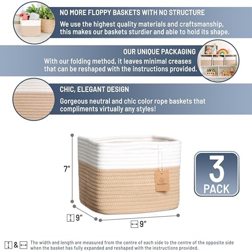 NaturalCozy Storage Cubes 9”x9”x7”Cotton Rope Woven Baskets for Organizing 3-Pack | 9 Inch Cube Storage Bin | Small Basket for Shelf Nursery, Pantry, Decorative Plant, Bathroom Closet, Toy Gift - Image 2