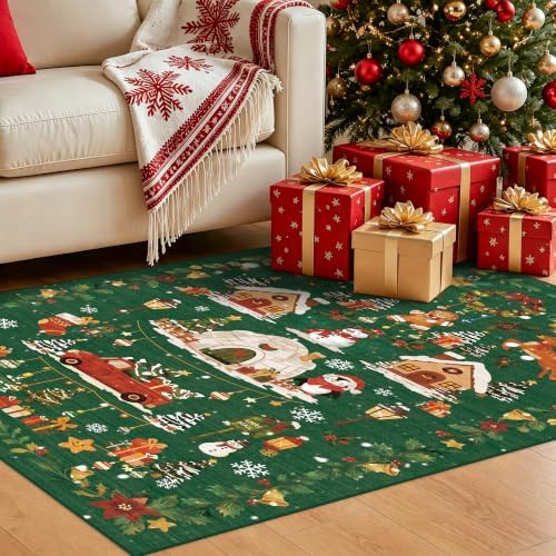 Washable Christmas Rug Runner 2x6 - Xmas Snowflake Green Rug for Kitchen Entryway Non Slip Farmhouse Low Pile Carpet for Laundry Bedroom Bathroom Stain Resistant Floor Mat Pet-Friendly Rug（2x6，Green） - Image 2