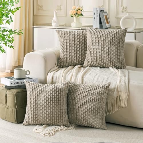 Set of 4 Taupe Decorative Throw Pillow Covers 16x16 Inch Corduroy Pillow Covers for Bed Couch Sofa Living Room Soft Square Cushion Cases by Cozoomy