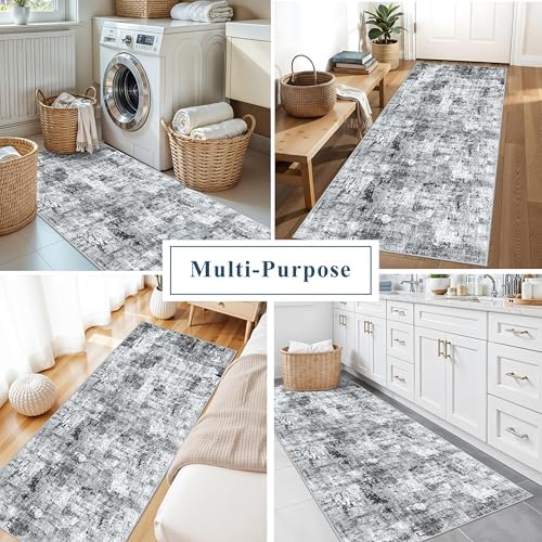 3x7 Washable Non-Slip Kitchen Runner Rug – Modern Abstract Neutral Gray Carpet for Hallway, Entryway, Bedroom, Laundry Room – Low-Pile Thin Wide Floor Runner with Rubber Backing （Grey） - Image 4