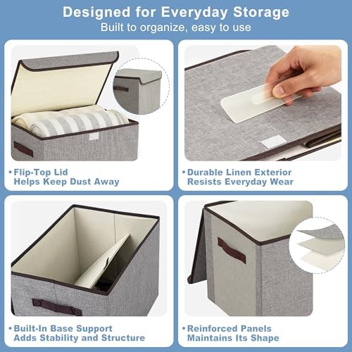 Bagnizer Large 22 Quart Linen Fabric Foldable Storage Bin Cube Organizer Basket with Flip-Top Lid & Handles, Clothes Blanket Box for Home, Office, Closet, Gray, 4 Pack 14.6 x 9.5 x 9.5” - Image 6