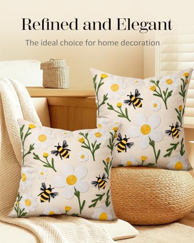 Embroidered Throw Pillow Covers 18x18 Inch, 2Pack, Flower Bee - Image 5