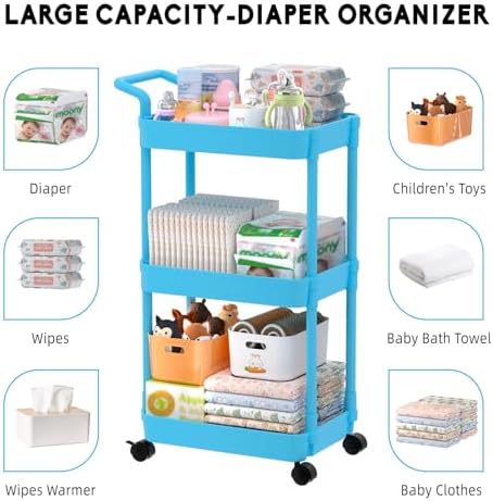 Volnamal Diaper Caddy, 3 Tier Rolling Cart for Baby Essentials, Blue - Image 5