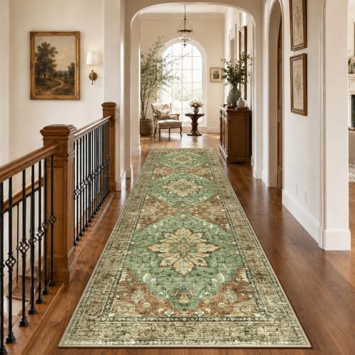 RELEANY Washable Area Rug, Runner 3'x10', Brick/Brown/Green by RELEANY