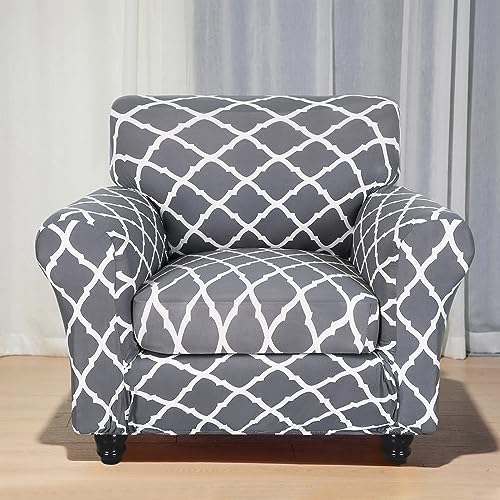 SearchI Stretch Sofa Cover Printed Couch Covers, Floral Pattern 2 Piece Armchair Slipcover with Separate Chair Cushion Cover, Washable Furniture Protector for Living Room(Armchair, Gray+White) - Image 2