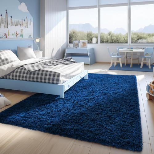 Ophanie Blue Rug, Boys 4x6 Rugs for Bedroom Royal Dark Blue Carpet Nursery Aesthetic, Kids Playroom Navy Area Rugs for Girls Teen Home Decor, Fluffy Shag Bedside Floor Living Room Carpet - Image 5