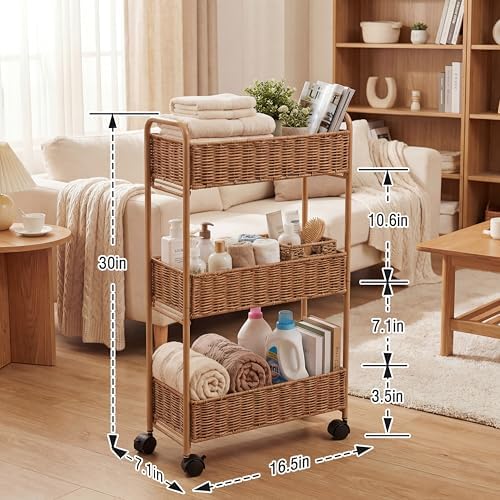 FOCHIER F Utility Slim Storage Cart,3-Tier Rolling Kitchen Office Laundry Room Cart,Mobile Shelving Unit Organizer for Living Room Bathroom Baby Diaper Narrow Places (Natural, 3 Tiers-7.1 inch (W)) - Image 4