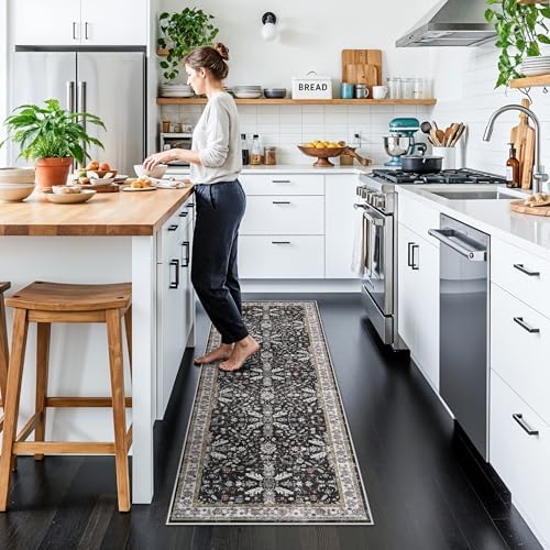 2x6 Washable Kitchen Runner Rug – Non-Slip Boho Vintage Carpet Runner for Hallway, Entryway, Bedroom & Bathroom – Soft Low-Pile Thin Area Rug with Rubber Backing (Black,2x6) - Image 3