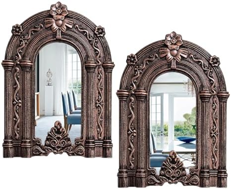 2 Set Wood Carved Window Mirrors 3D Relief Arched Wall Decor Roman Column Antique Home Accent Small Decorative Mirrors for Living Room, Bathroom, Entryway by Cityelf
