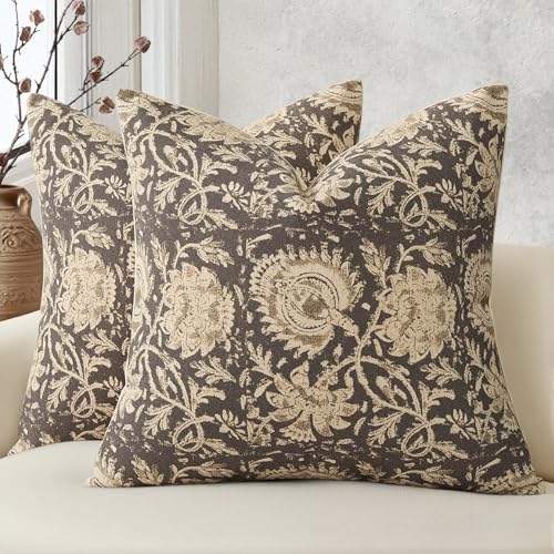 Vintage Floral Print Throw Pillow Covers 20x20 Set of 2 Neutral Modern Farmhouse Pillowcases Accent Decorative Cushion Covers Boho Home Decor for Couch Sofa Chair Bed Living Room, Rustic Gray by DKwizme