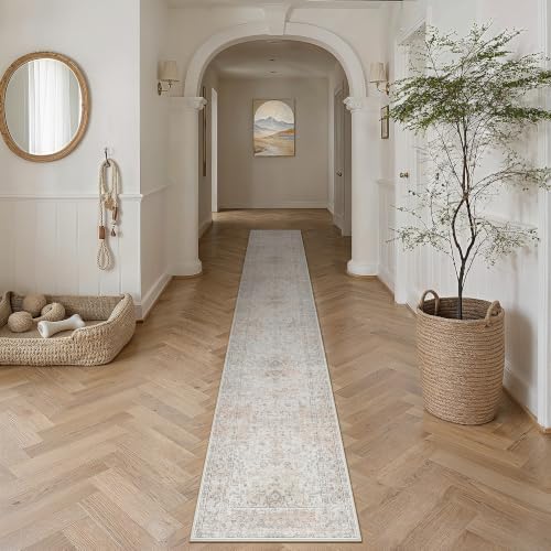 2x12 Washable Runner Rug Beige Grey Non Slip Vintage Carpet by WondRg
