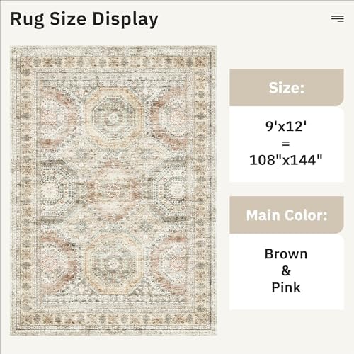 Soalmost 9x12 Area Rugs for Living Room Washable Rug Non-Slip Brown/Pink - Image 3
