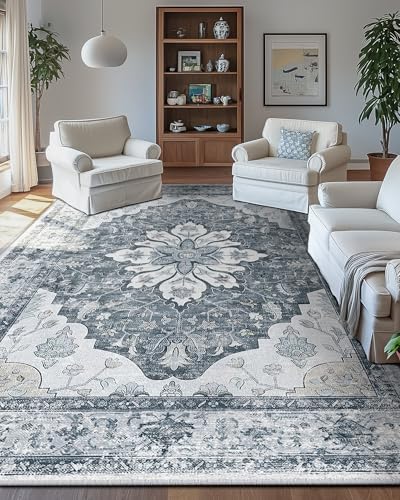 RELEANY Washable Area Rug, Large 10'x14', Grey/White/Beige - Image 3