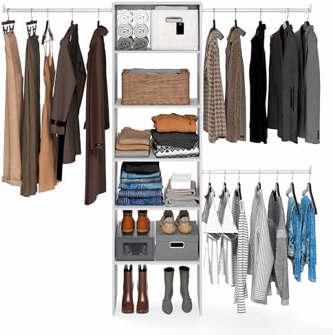 Furinno FANO Closet Organizers and Storage, 5-Tier Wide Closet Storage Organizer with 3 Hanging Bars and Adjustable Shelf, Wardrobe Closet Shelf Tower, 14.8 x 23.6 x 82.1 for Bedroom, White - Image 4