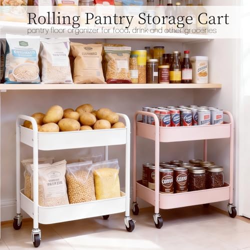 Pink 2 Tier Rolling Cart Metal with Wheels Under Desk Storage Cart for Small Space Organization, Small Trolley for Pantry Room Laundry Bathroom Kitchen Office Art Snack Baby Supplies - Image 4