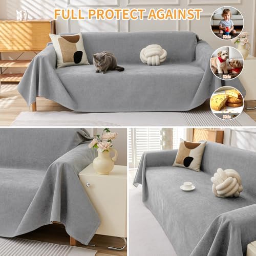 Deep Dream Cat-Scratch Resistant Couch Cover, Waterproof Sofa Cover for 3 Cushion Couch Washable, Pet Friendly Couch Protectors Anti Slip Thickened Sofa Slipcovers for Dogs Pets,91" x 134",Light Grey - Image 5
