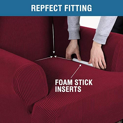 H.VERSAILTEX Wing Chair Slipcover Chair Covers for Wingback Chairs Wingback Chair Covers Slipcovers 1 Piece Stretch Sofa Cover Furniture Protector Soft Spandex Jacquard Checked Pattern, Burgundy Red - Image 5