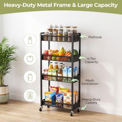 Delamu 4 Tier Slim Rolling Storage Cart, Utility Metal Narrow Cart 7.1" W - Image 4