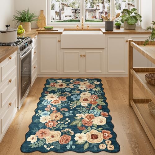 DUKINO 3x5 Area Rugs Non Slip Floral Washable Rug for Bedroom Prussian Blue - Image 3