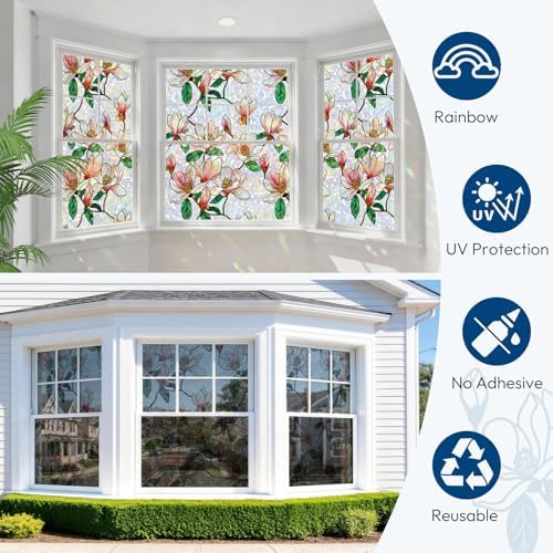 rabbitgoo Window Privacy Film Rainbow, Floral Magnolia, 35.4" x 118.1" - Image 6