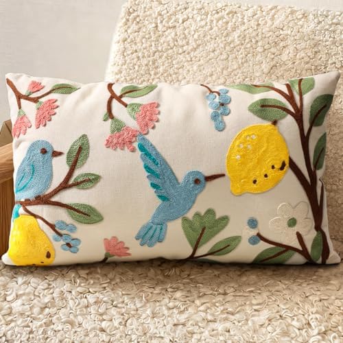 Embroidered Lumbar Pillow Cover 20x12 Inch, Bird Lemon by Kokaaee