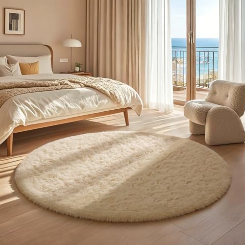 Ophanie Round Rug 4Ft Beige Circle Area Rug, Fluffy Fuzzy Small Bedroom Carpet, Plush Soft Shaggy Floor Living Room Circular Decor for Kids Boys Girls Home Aesthetic, Nursery with 99 pcs Pile fibers - Image 5