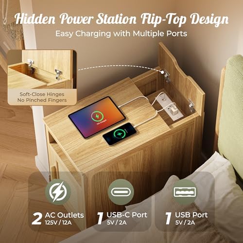 Huuger Narrow Night Stand, End Table with Charging Station, USB-C Port - Image 4