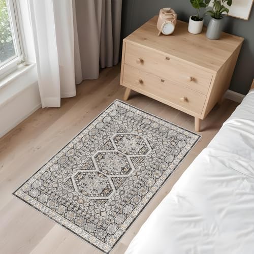 2x3 Area Rug Washable Vintage: Non Slip Throw Rugs for Entryway Floor Black - Image 2