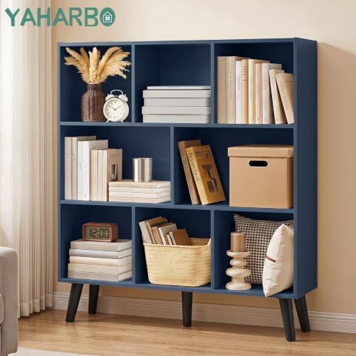 YAHARBO 8 Cube Bookshelf,3 Tier Bookcase with Legs,Dark Blue Mid-Century Modern Bookshelves,Large Free Standing Open Storage Organizer Shelf,Tall Wooden Book Case Furniture for Bedroom,Living Room - Image 3