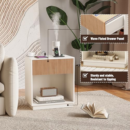 End Table with Charging Station, Fluted Nightstands Set of 2,Modern Bedside Table with Drawer and Storage Shelf, Wood End Table Mid Century Night Stands for Bedroom Living Room(White+Oak) - Image 4