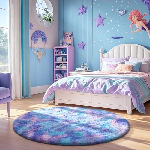 Ophanie Round Rug 4Ft Tie-Dye Rainbow Purple Circle Area Rug, Fluffy Fuzzy Bedroom Carpet,Plush Soft Shaggy Indoor Floor Colorful Living Room Rugs for Kids Home Decor Aesthetic with 99 pcs Pile fibers - Image 5