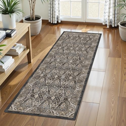 Washable Area Rug 2'6'' x 8' Vintage Traditional Persian Mat - Foldable Distressed Non-Slip Machine Washable Carpet for Living Room Bedroom Kitchen Home Decor - Ebony and Taupe by Unknown