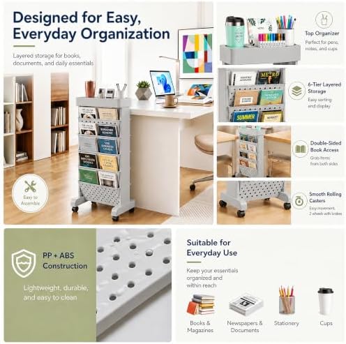 BYFU 6-Tier Rolling Bookshelf Cart, Grey - Image 4