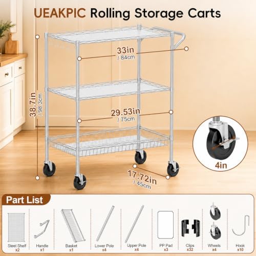 3-Tier Kitchen Storage Cart with Wheels, Rolling Utility Cart - Image 2